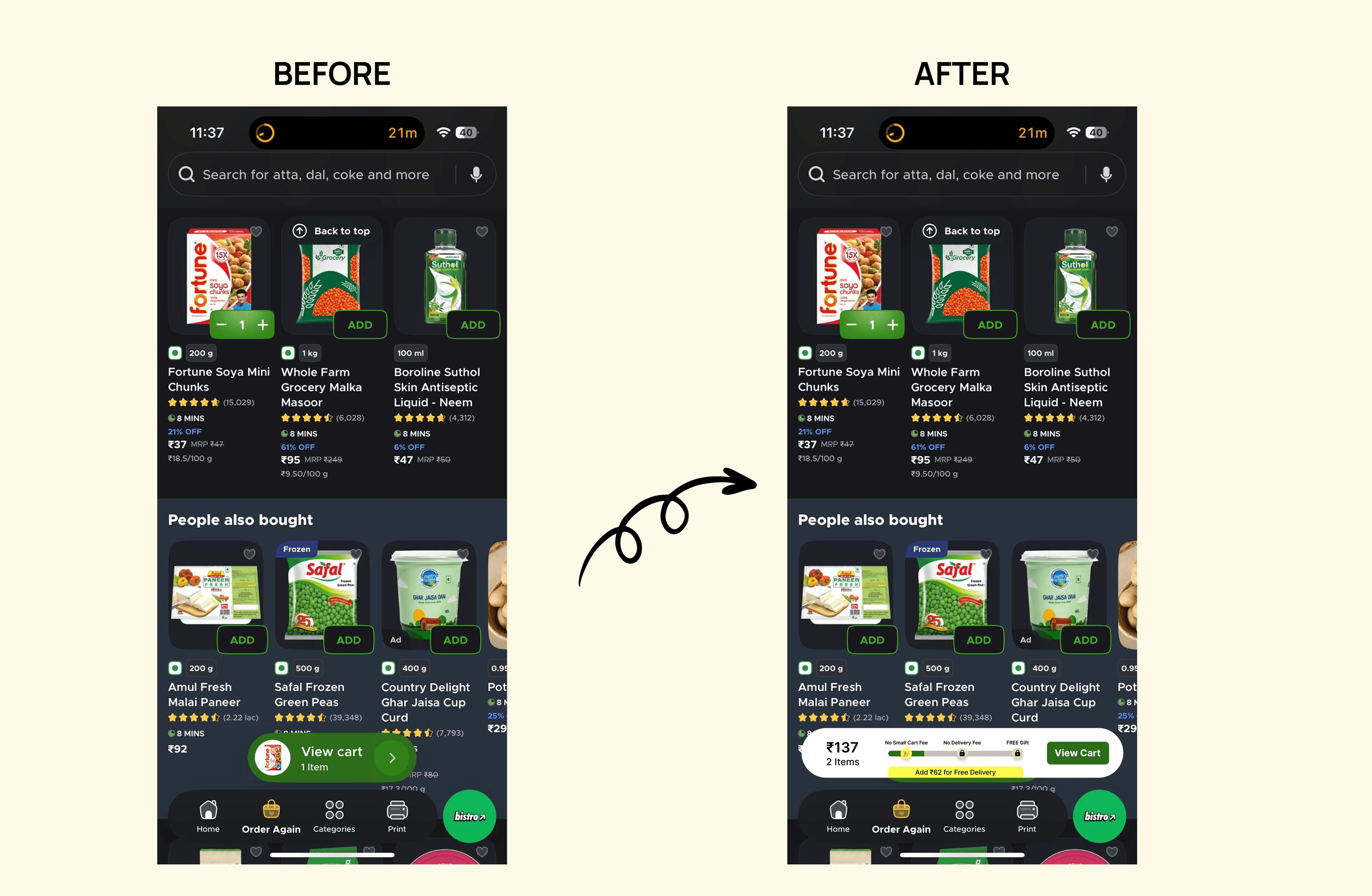 Before and after comparison of Blinkit checkout cost visibility