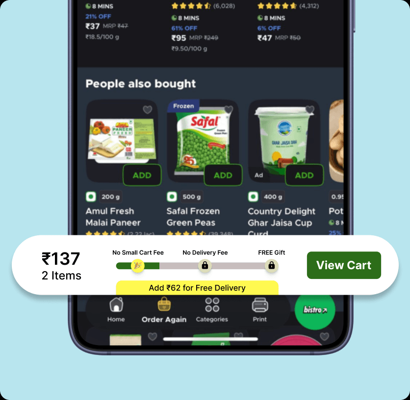 Blinkit cart with cost transparency on a phone