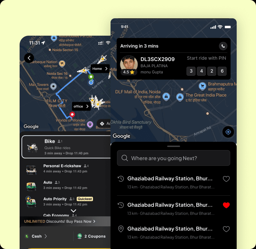 Rapido ride tracking screens on two phones