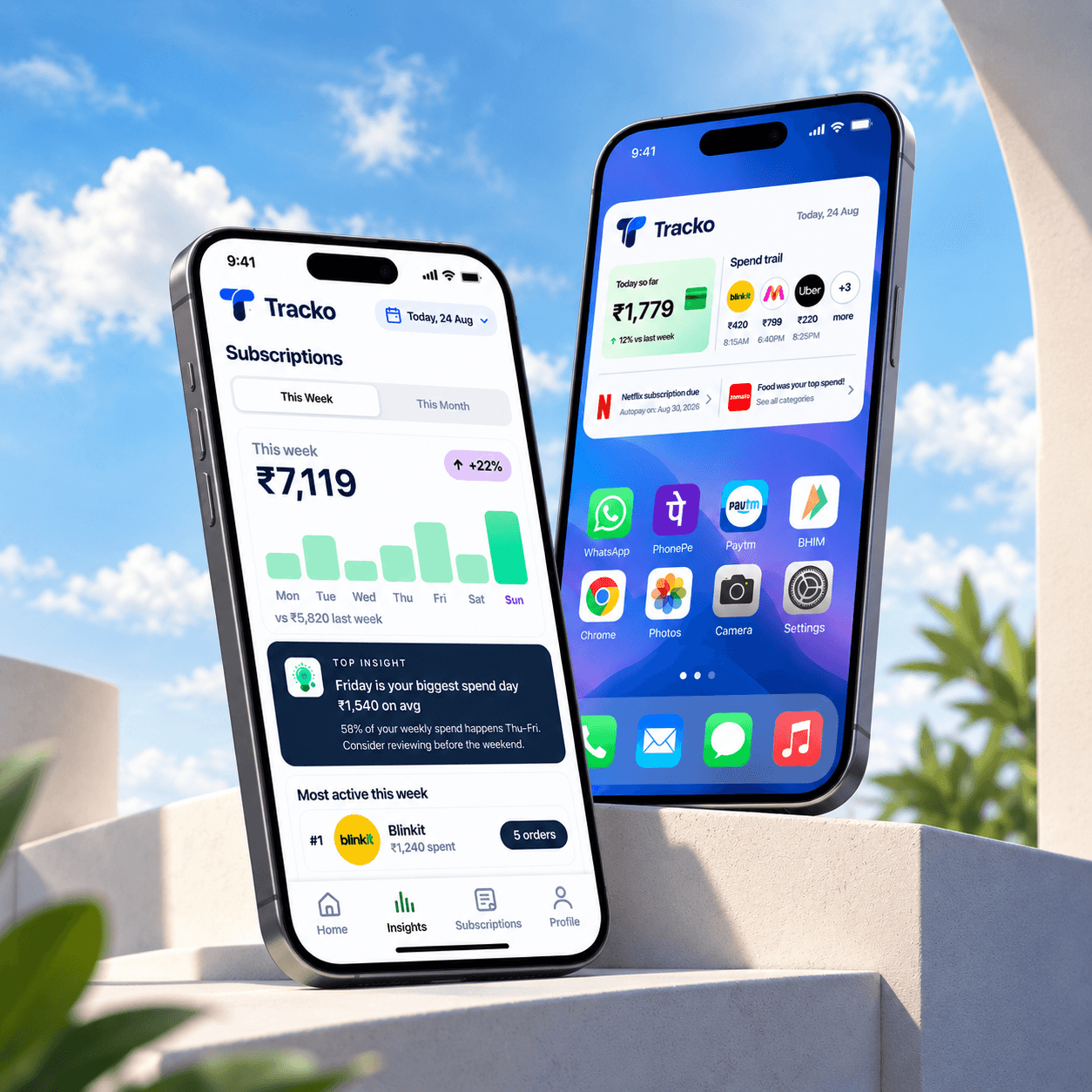 Tracko spending insights app on two phones