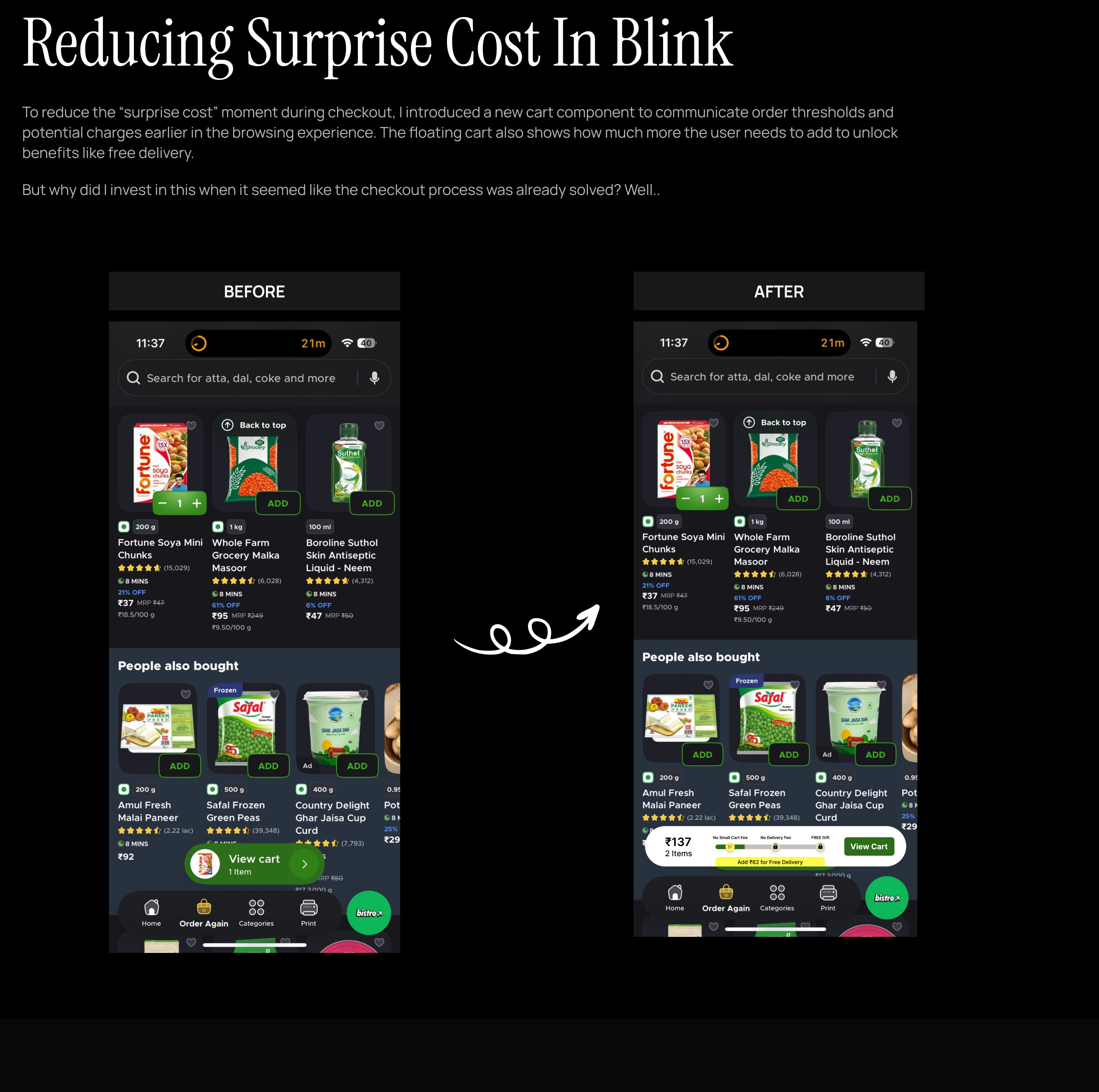 Case study title: Reducing Surprise Cost In Blinkit. Before and after cart UI showing early fee transparency.