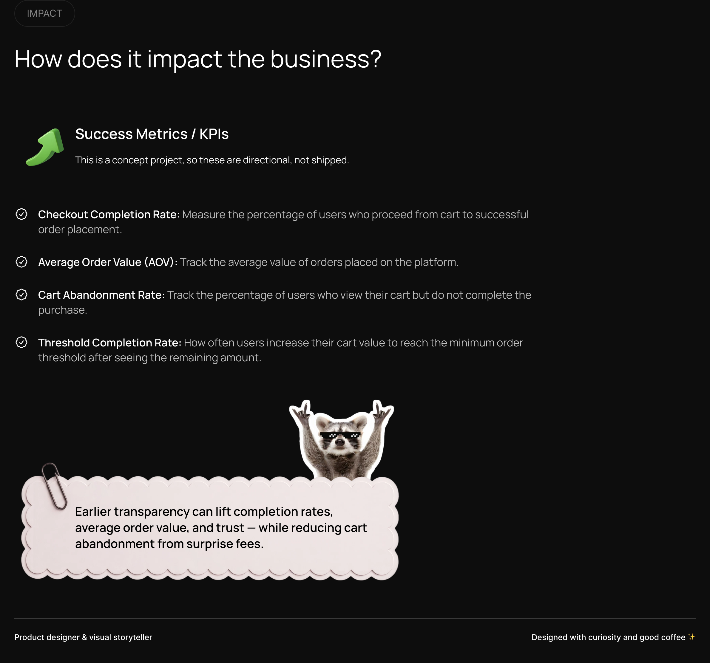 Business impact: directional KPIs for checkout completion, AOV, cart abandonment, and threshold completion.
