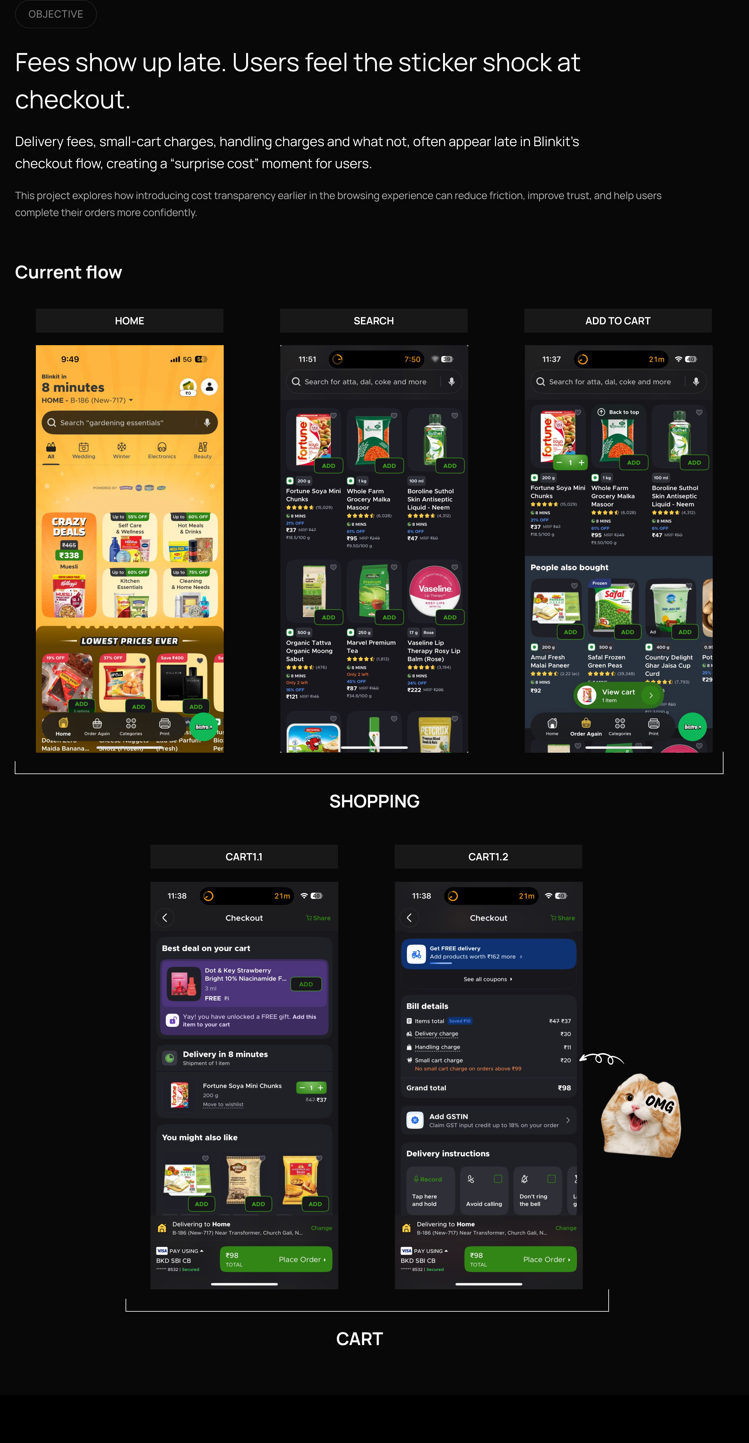Objective: fees show up late and users feel sticker shock at checkout. Current Blinkit flow from home through cart.