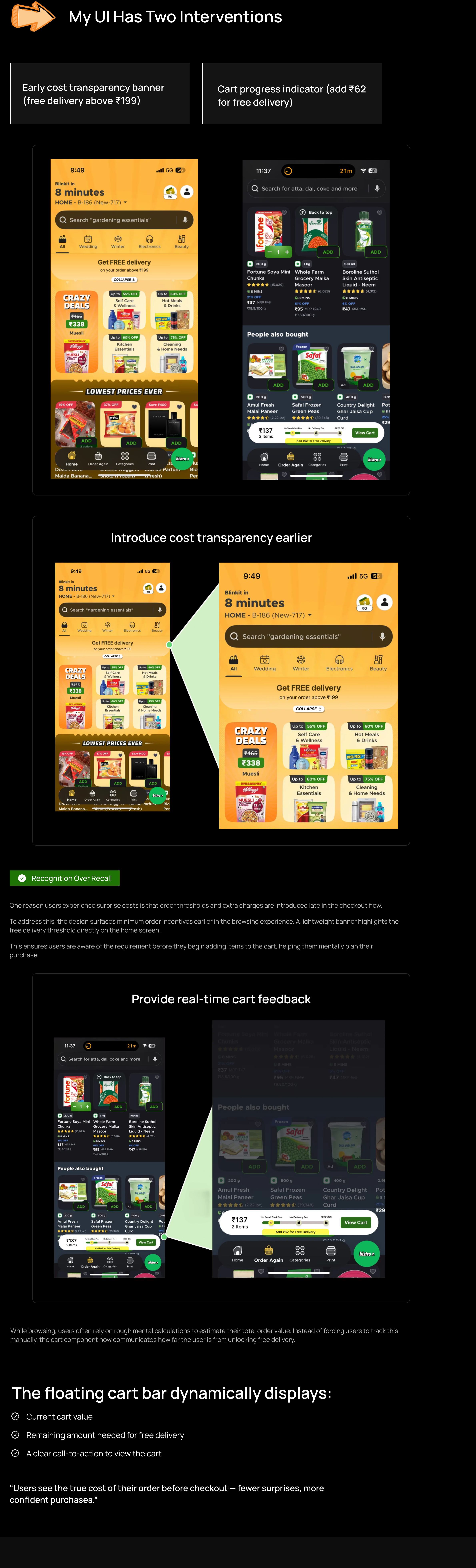Solution: early cost transparency banner and cart progress indicator with real-time cart feedback.
