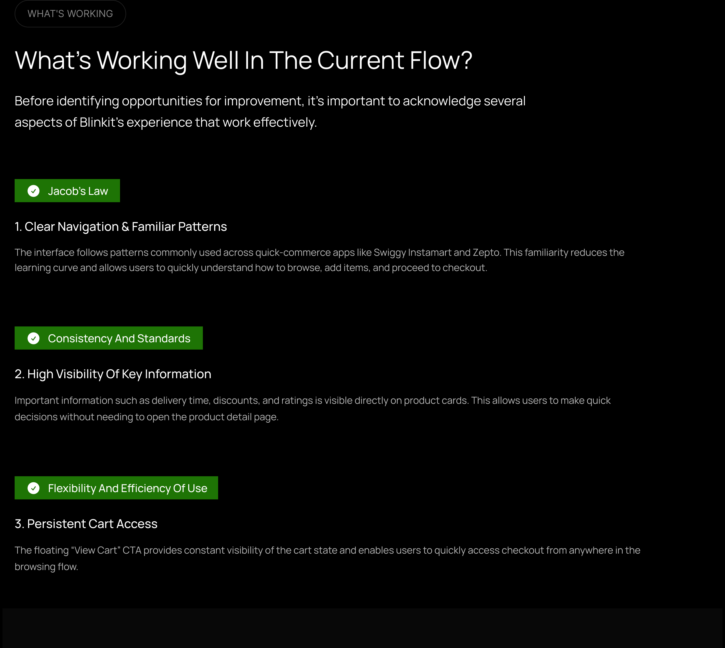 What’s working well: familiar navigation, visible key information, and persistent cart access.