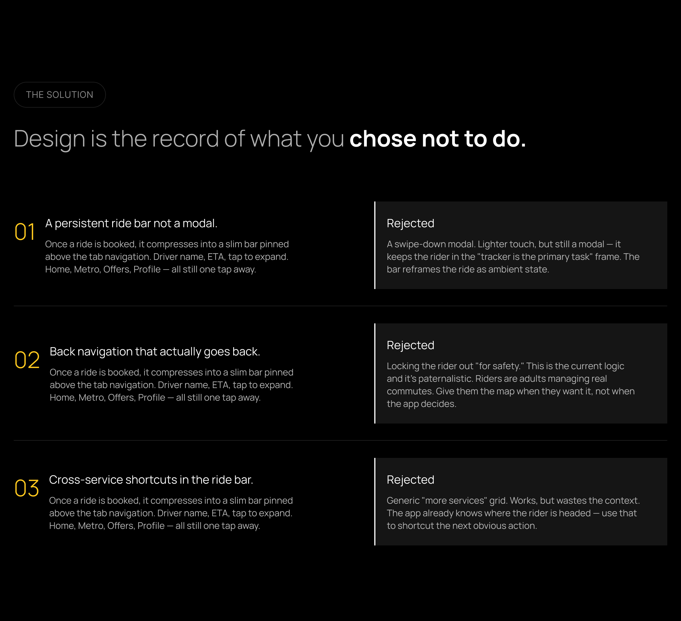 Solution choices: persistent ride bar, back navigation, and cross-service shortcuts, each with a rejected alternative.
